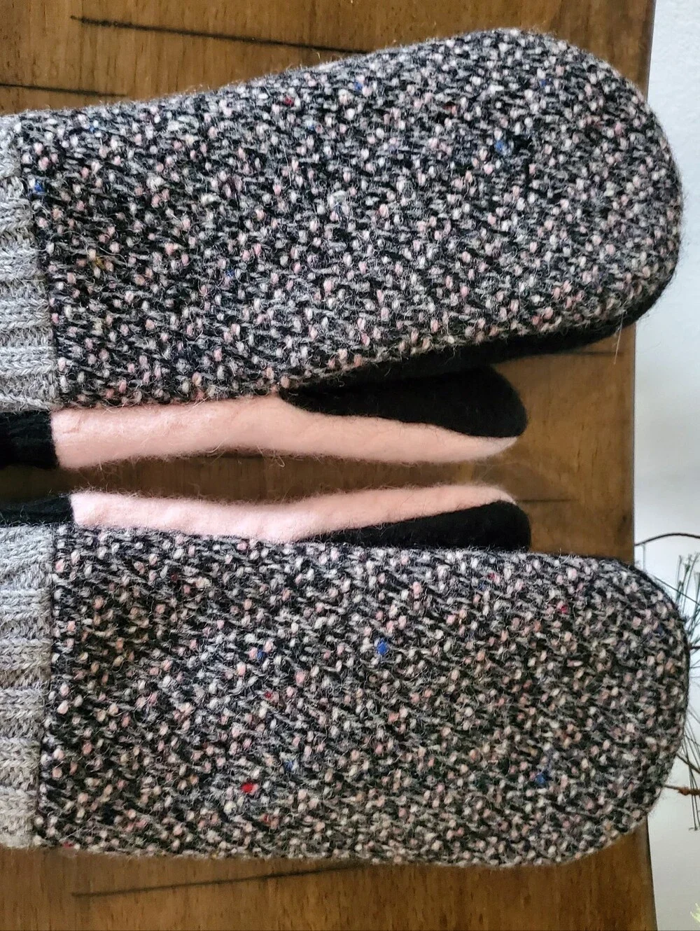 Upcycled Tweed Wool Mittens Flannel Lined Gray Pink Black Cozy Handmade